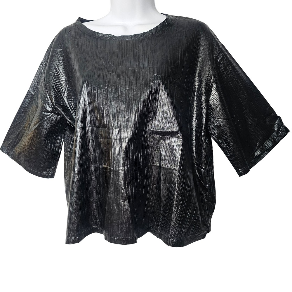 Toi et Moi‎ Women Metallic Resin Plisse Boxy Top M Black Avant-Garde Futuristic